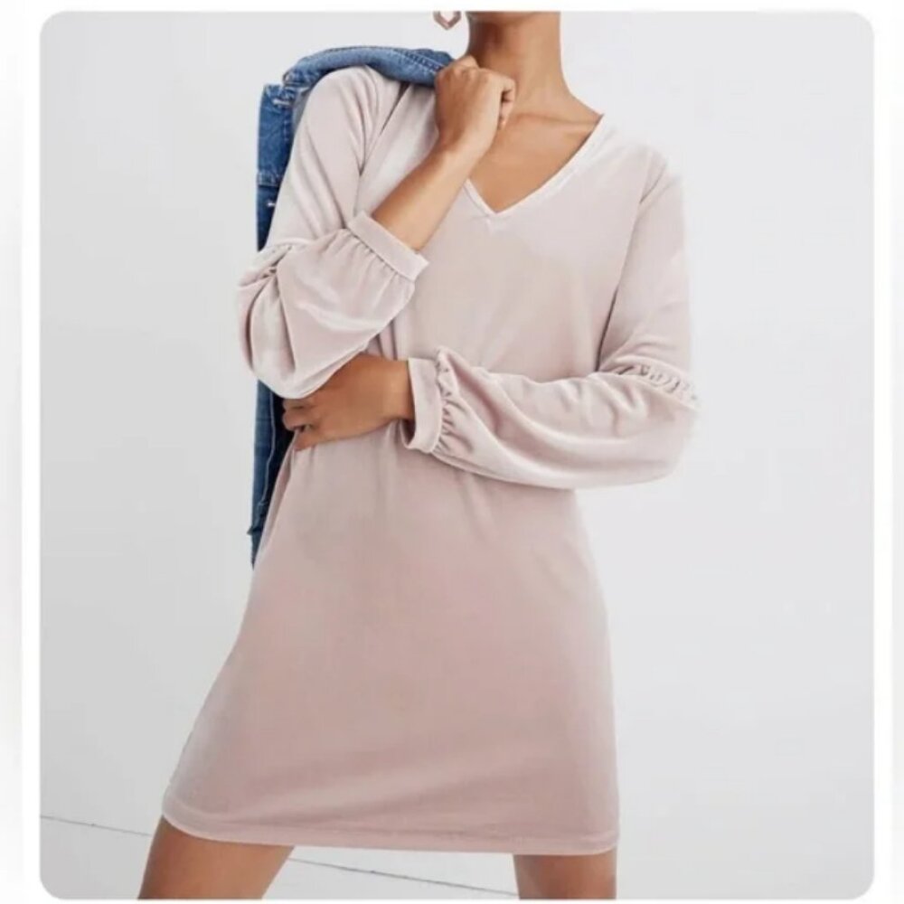 Madewell velvet balloon sleeve mini shift dress in mauve champagne pink XXS